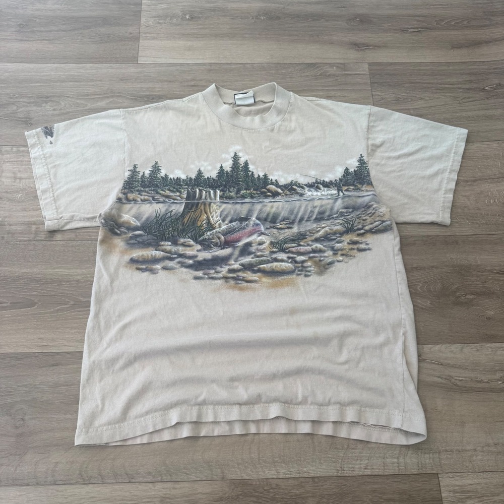 Vintage 90s AU Gold Fly Fishing Trout Graphic nature tee Beige Large Made in Usa